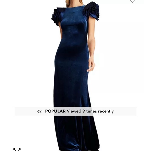 Tadashi Shoji Maylee Rosette Shoulder Velvet Gown Elegant Navy Blue Evening Gown
